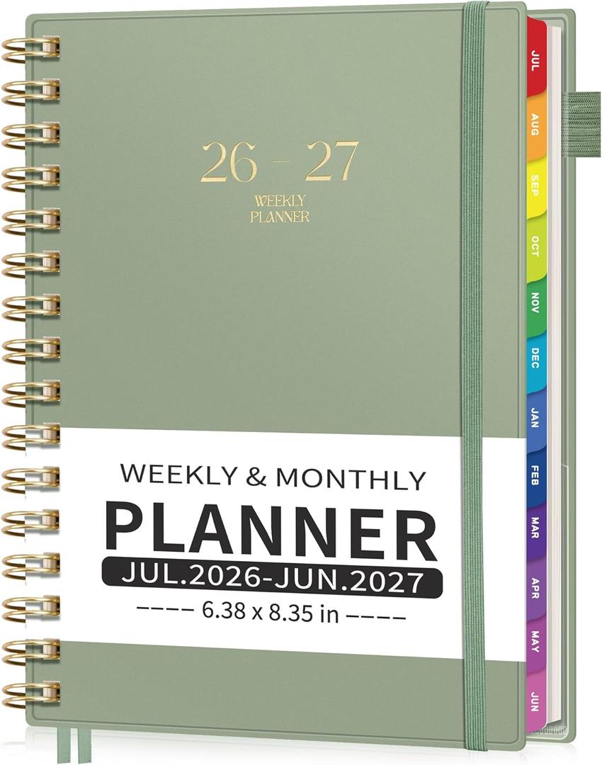 EMSHOI Academic Planner 2026-2027, Weekly and Monthly Calendar (July 2026 - June 2027), School Student Teacher Agenda Book, 100GSM Paper, PVC Cover, Colorful Tabs, A5 (6.38" x 8.35"), Light Green