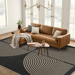 Lahome Modern Rainbow Easy Jute Outdoor Carpet, Washable Rugs 9'x12' for Living Room Patio Large Farmhouse Indoor Outdoor Carpet, Contemporary Black Dining Room Rugs for Under Table Office Backyard (Charcoal Black/Grey and Nature)