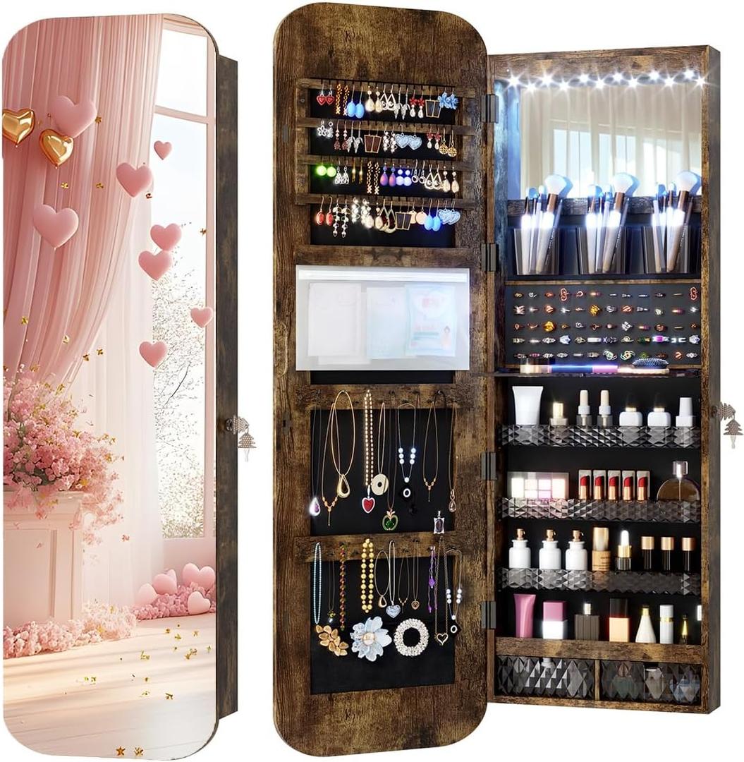 Vlsrka 6 LEDs Mirror Jewelry Cabinet Door Hanging, 47.2" Wall Mounted Jewelry Cabinet, Lockable Full Length Mirror with Storage, Rounded Corner Mirror Jewelry Organizer, 2 Drawers, Rustic Brown