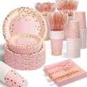 AIRE 175PCS Pink Rose Gold Plates Party Supplies Severs 25 Guests Disposable Party Decorations, Plastic Forks Knives Spoons, Golden Dot Paper Plates Napkins Cups for Mothers Day Birthday Wedding
