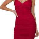 MASCOMODA Women's Summer Spaghetti Strap Ruched Mini Bodycon Dress 2024 Short Sexy V Neck Wedding Guest Club Cocktail Dress (Red), XL