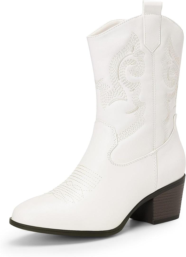 DREAM PAIRS Cowboy Boots for Women, Mid Calf Cowgirl Boots with Embroidery Round Toe Western Chunky Low Heel Shoes (7, White)