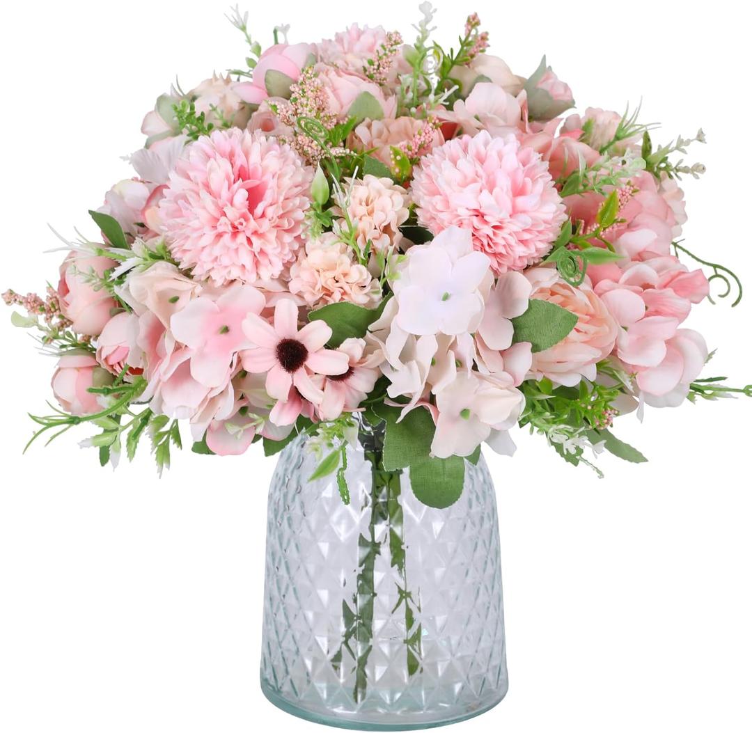 Nubry 3pcs Artificial Flowers Bouquet Fake Peony Silk Hydrangea Wildflowers Arrangements with Stems for Wedding Home Centerpieces Decor (Light Pink)