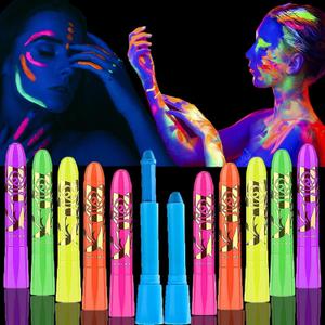 12 Pcs Glow in The Dark Body Face Paint Neon Glow in The Black Light UV Fluorescent Crayons Paint Sticks Makeup Kit for Kids Adults Halloween Masquerade Mardi Gras Blacklight Birthday Party (12Pcs)
