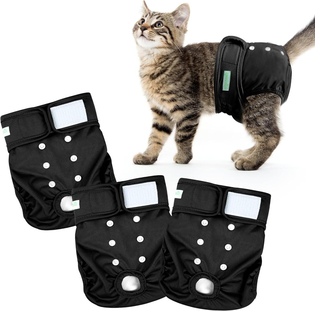 Wegreeco Cat Diapers, Cat Diapers for Male Female Cats Spraying Incontinence, Reusable Adjustable Highly Absorbent (3 Pack, Large) (Black)