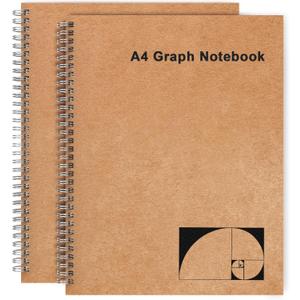 A4 Graph Paper Notebook, 2 Pack Large Spiral Grid Notebook, 200 Pages 100gsm Thick 5mm Square Paper Quad Notebook for Engineering, Math, Taking Notes, Drawing - Kraft Brown Cover, 8.5" x 11"
