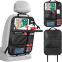 LUCMO Car Backseat Organizer with Tablet Holder,6 Storage Pockets Car Storage Organizer with Foldable Food Tray,Protectors Kick Mats Travel Accessories-Black