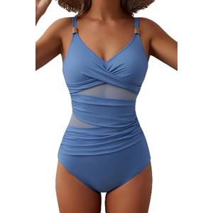 EVOCRCO Women's Mesh One Piece Swimsuits Tummy Control V Neck Bathing Suit Sexy Push Up Swim Suit Slimming Swimwear (Light Blue,XXL)