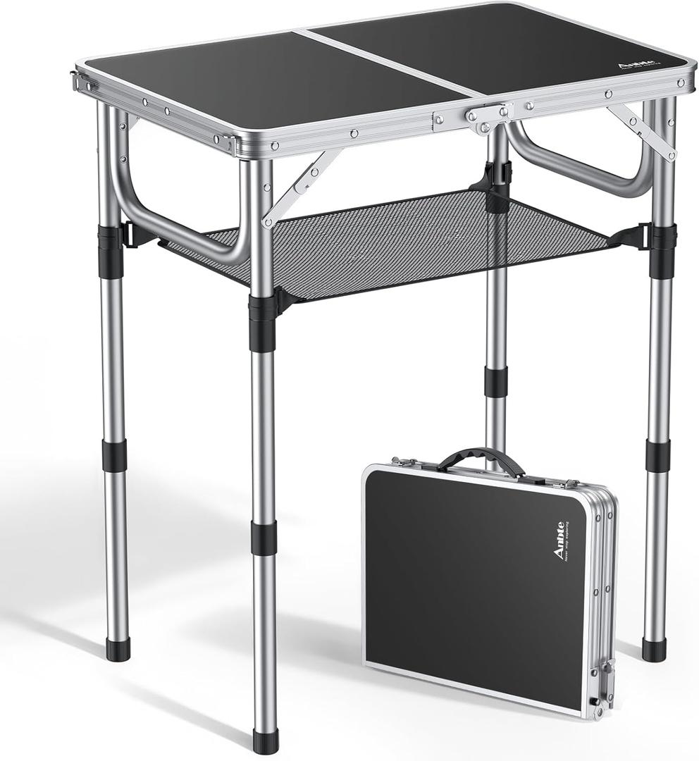 Anbte Folding Camping Table, Aluminum 24" x 16" Adjustable Height Small Folding Table with Carrying Handle, Lightweight, Portable Camping Table Waterproof for Outdoor Indoor Picnic Beach BBQ (Black)