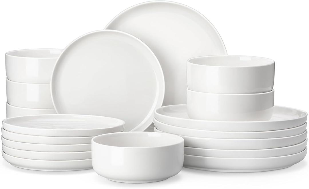 MALACASA Plates and Bowls Sets, 18 Pieces Porcelain Dinnerware Sets Dishware Sets Chip Resistant Ceramic Dish Set Dining Dinner Ware Service for 6, White, Series LUNA