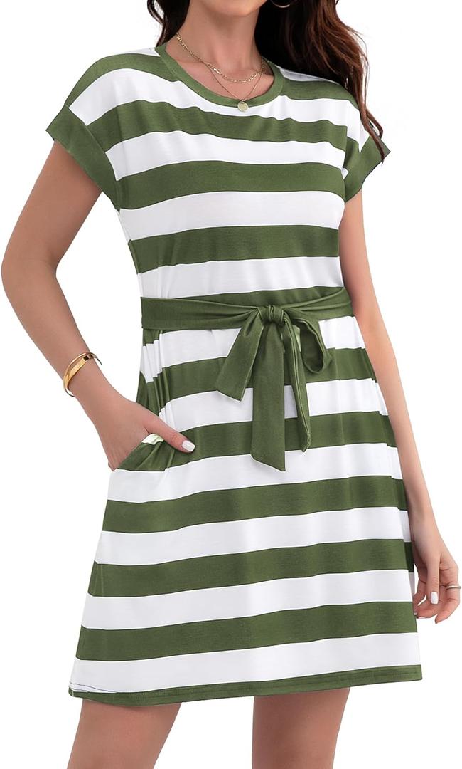 Women's Summer Dresses 2025 Striped Cap Sleeve T Shirt Crewneck Casual Dress A Line Tie Waist with Pockets (Medium, Army Green and White Striped)