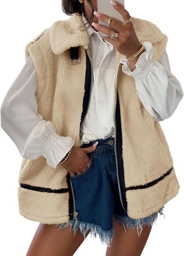 Tankaneo Womens Fuzzy Fleece Vest Sleeveless Zip Up Sherpa Jacket Fall Loose Fit Warm Outerwear with Pockets (Large, Apricot)