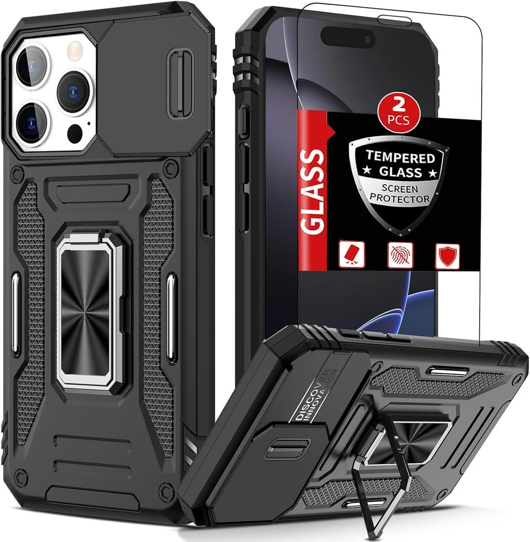 for iPhone 16 Pro Max Case with 2 Screen Protectors,Built-in Slide Camera Cover,for 16Pro Max Phone Case with 360Stand Shockproof Anti-Scratch Military-Grade Drop Heavy Duty Protection Black