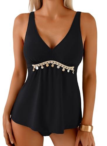 Dokotoo Tankini Swimsuits for Women V Neck Tummy Control Removable Padded Two Piece Bathing Suit with High Waisted Bottom Swimwear Cute Solid Color Beach Vacation Clothes Swim Suits Black X-Large