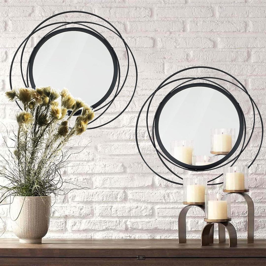 2 Set 15.7'' Black Circle Mirrors Wall Decor Iron Frame Wall Art Round Mirror Home Decor Hanging for Living Room/Bedroom/Bathroom/Entryway (Medium Size 15.7 inch,Circles)