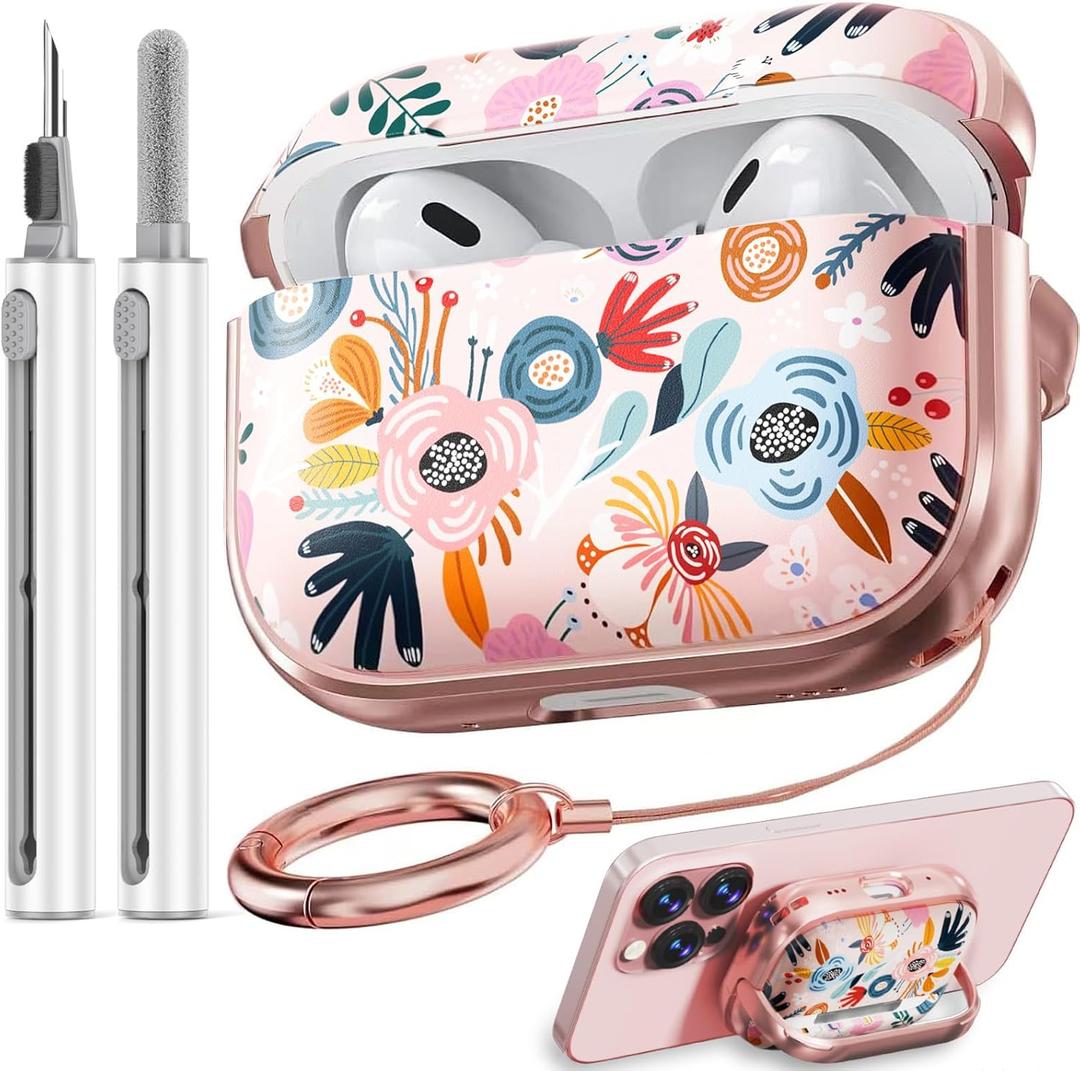 Inesore for AirPods Pro 2nd Generation Case Cover with Lock, Flowers Cute AirPod Pro 2 Case Hard iPod Pro Cases for Women Girls with Cleaner Kit for AirPod Pro Cases (2023 USB-C /2022/2019) - Pink