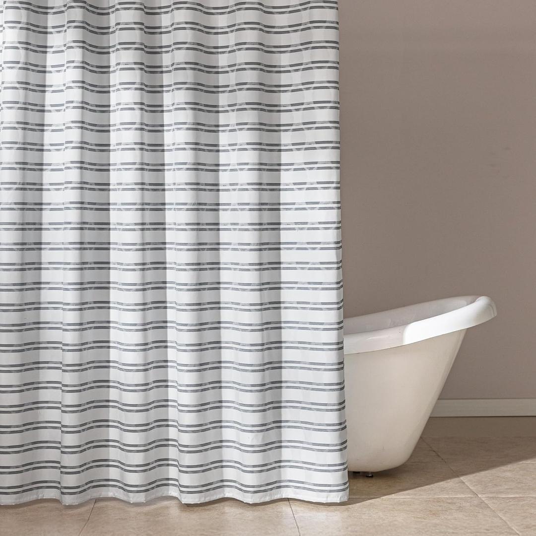 Amazon Basics Geometric Jacquard Fabric Shower Curtain for Bathroom, Lightweight, Waterproof and Washable, 72" W x 74" L, Grey Striped