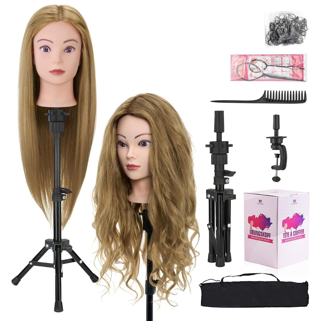 28" Mannequin Head 60% Human Hair with Tripod Stand,Mannequin Cosmetology Manikin Practice Doll Head with stand,Braiding Hairdressing Head for Hair Styling with Table Clamp + DIY Hair Styling Set