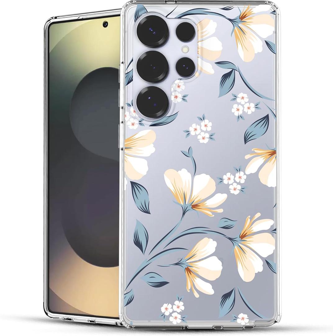 Ranz Case for Galaxy S25 Ultra, Anti-Scratch Shockproof Series Clear Hard PC+ TPU Bumper Protective Cover Case for Samsung Galaxy S25 Ultra (6.9") - Lily Flower