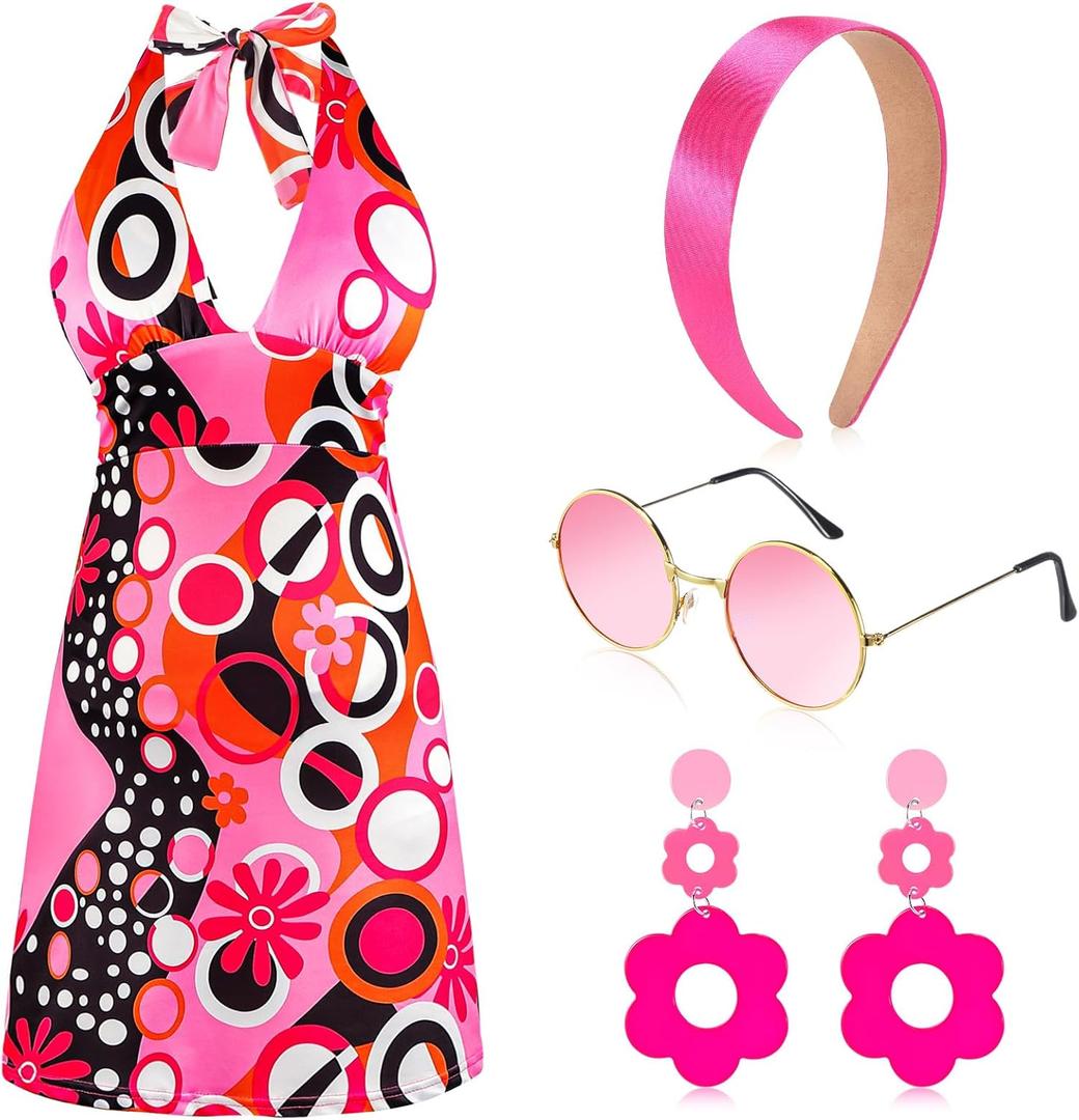 SATINIOR 4 Pcs 60s 70s Hippie Costume Women Retro Disco Outfit Groovy Dress Headband Earring Party Sunglasses for Halloween (Medium)