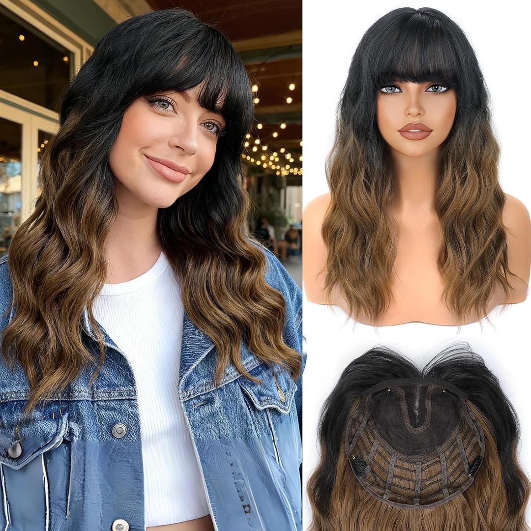 ALXNAN Hair Toppers for Women with Thinning 3D 360Cover 16Inch Black to Brown Long Wavy Curly Hair Topper with Bangs