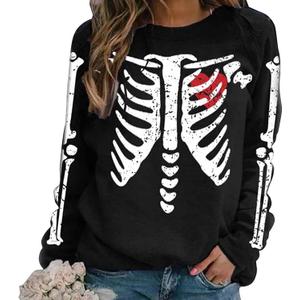 Skeleton Print Sweatshirts for Women Long Sleeve Top Lightweight Pullovers Black, XL 