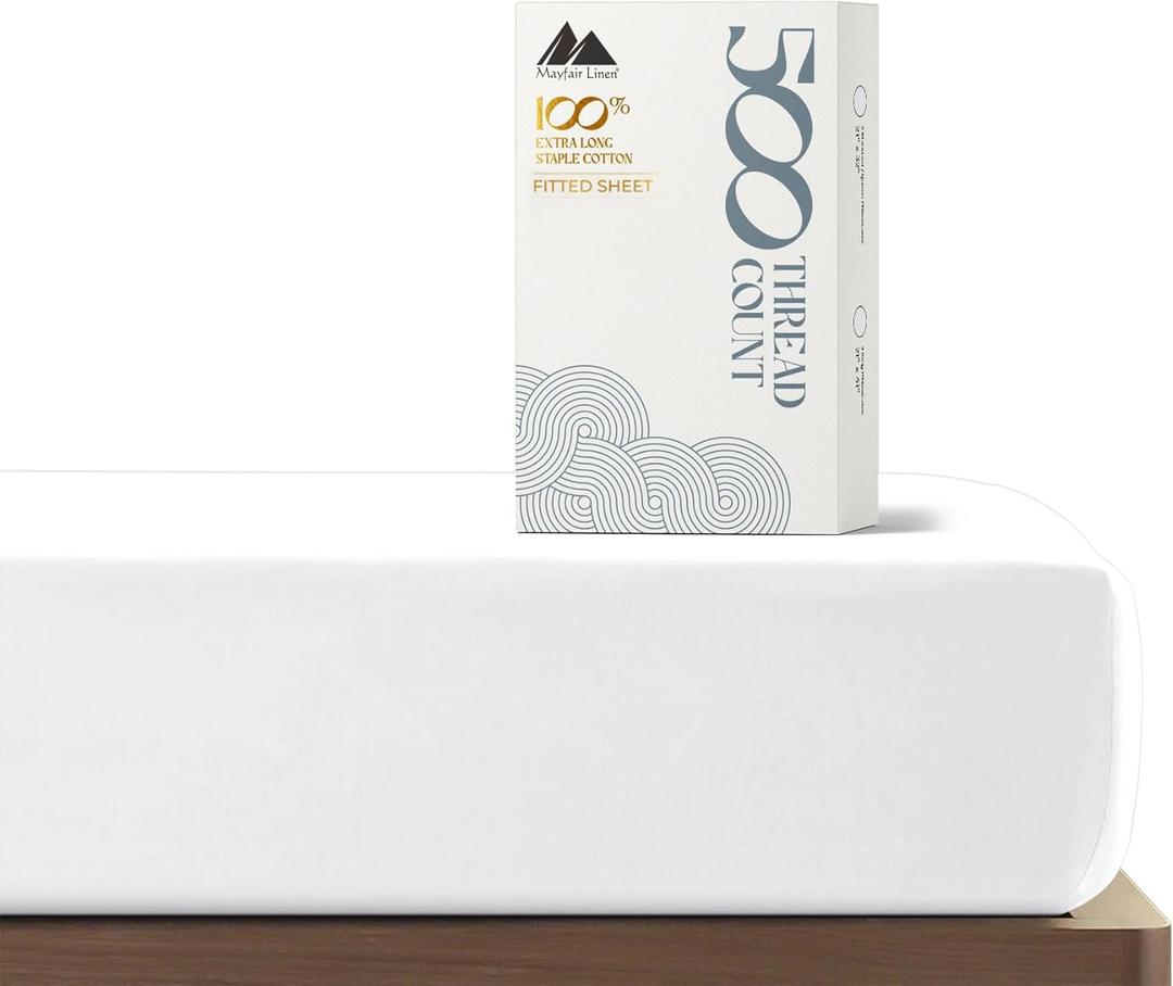 Mayfair Linen Twin XL Fitted Sheet Only - 100% Cotton 500 Thread Count 16" Deep Pocket White Fitted Sheet Twin XL, Soft Cooling Sateen Weave Elastic Bottom Sheet, Fits College Dorm Mattress