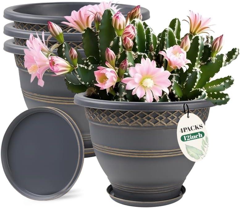 4 Pack 12 Inch Large Plant Pots, Plastic Flower Pot for Indoor & Outdoor with Drainage Holes & Saucer, Plaid Pattern Planters Garden Pots for Herbs 