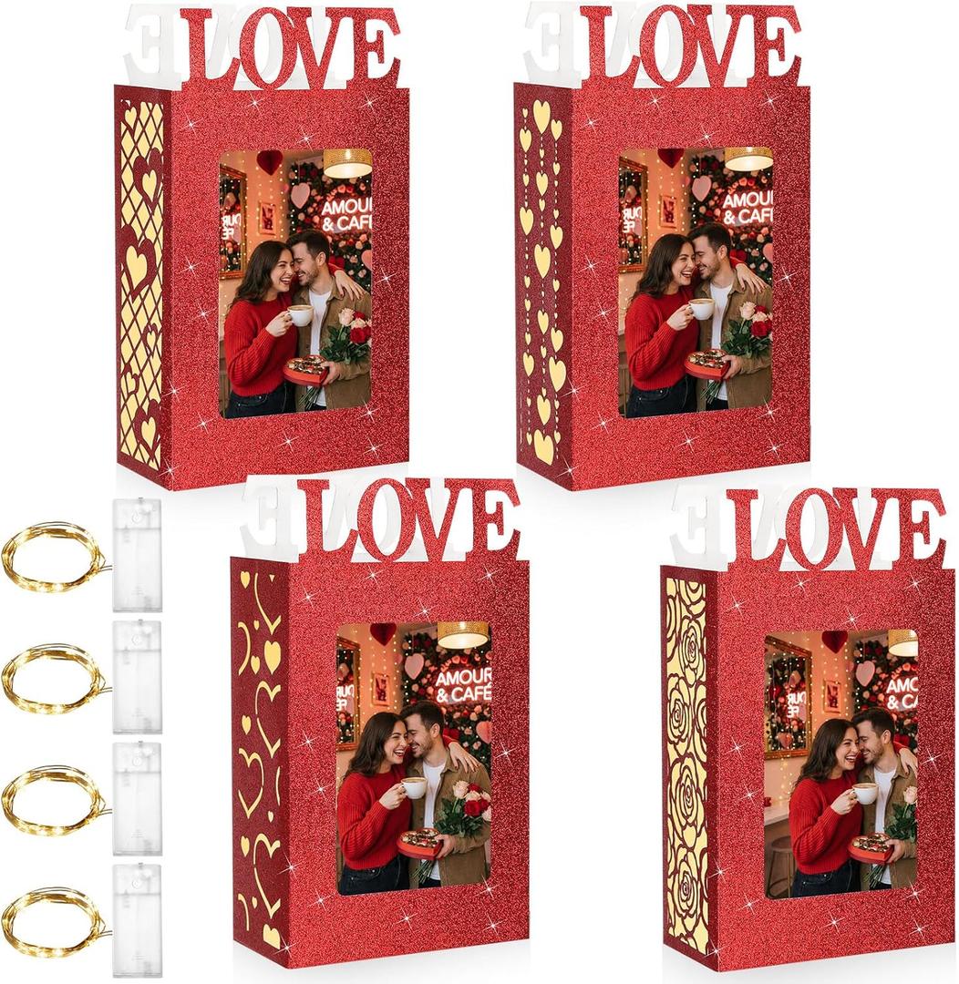 Yerliker 4 Pcs Valentine's Day Centerpiece for Table Picture Frame Decorations with 4 LED Mini Lights for Home DIY Valentine Gift Wedding Anniversary Decor No Battery(Love,Red)