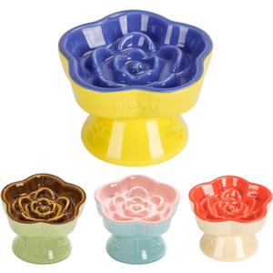 S&Q's CERAMICS Raised Slow Feeder Cat Bowl, Ceramic Elevated and Titled Pet Food Bowl, Small Dogs Slow Feeder, Flower Shaped Dish for Dry and Wet Food (Blue, 5.8")