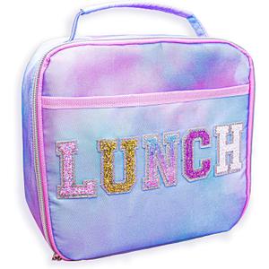 FROG SAC Kids Lunch Bag for Girls, Reusable Insulated Preppy Tie Dye Glitter Varsity Letter Patch Lunch Box for Kids, Cute Soft Back to School Tween Lunchbox, Christmas Girl Stocking Stuffers
