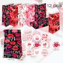 mdgfge Valentine's Day Paper Bags Heart Love Candy Paper Bags Party Favor with Tag Sticker Decals Red Black Candy Treat Present Wrapping Bags for Wedding Party Decor Supplies (12Pcs)