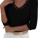 LUXVEER 3/4 Length Sleeve Womens Tops Lace Sexy V Neck Ribbed Knit Fitted T Shirts Dressy Casual Blouses Going Out Tops (Black, M)