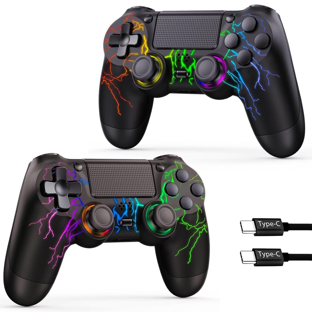 GamingBoy 2 Pack Wireless Controller for PS4, LED Controller for Ps4/Slim/Pro/PC with Adjustable RGB Light-up,Hall Effect Joystick,Dual Vibration,6-Axis Gyro,1000mAh Battery,USB C Port- Black