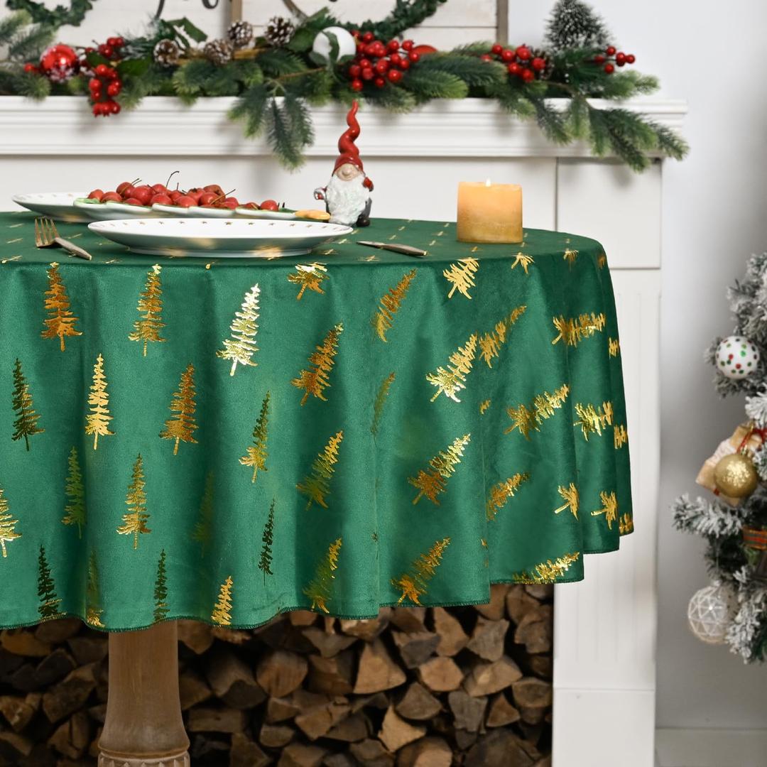Horaldaily Green Tablecloth 60x60 Inch Round, Solid Round Table Cloth with Golden Christmas Tree Sequin, Thanksgiving Christmas Table Cover for Wedding, Party, Banquet, and Events