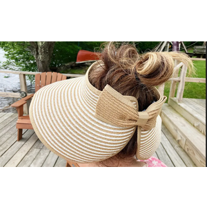  Sun Hats for Women Wide Brim Beach Hat Straw Visor Ponytail Summer UV Packable Foldable Beach Vacation Essentials, Khaki Beige Stripe