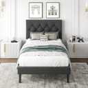 CXVX Twin Size Platform Bed Frame with Upholstered Headboard, Button Tufted Design, Strong Wooden Slats, No Box Spring Needed, Easy Assembly, Noise Free