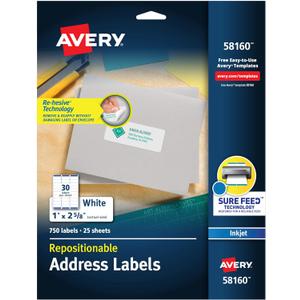 Avery Repositionable Printable Address Labels with Sure Feed, 1" x 2-5/8", White, 750 Blank Mailing Labels (58160)