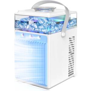 Portable Air Conditioner Fan, Rechargeable 4-IN-1 Personal Mini Cooler Humidifier, 3-Speed Evaporative Air Cooler with 7 Color Lights, Cordless AC Desktop Spray Conditioner, Quiet Desktop Cooling Fan