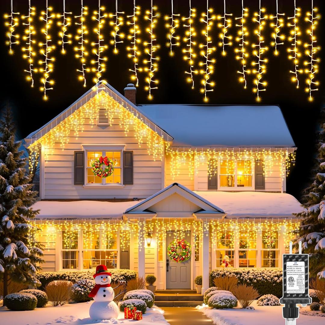 Brightown Icicle Christmas Lights Outdoor, 33FT 1020 LED Cluster Icicle Lights with 51 Drop,12 Mode, Connectable Firecracker Light with Timer, Waterproof Christmas Light Outdoor, Warm White