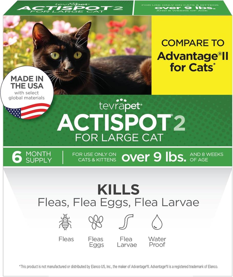 TevraPet Actispot II Flea Treatment for Large Cats 9+ lbs | 6 Doses | Powerful Prevention and Control