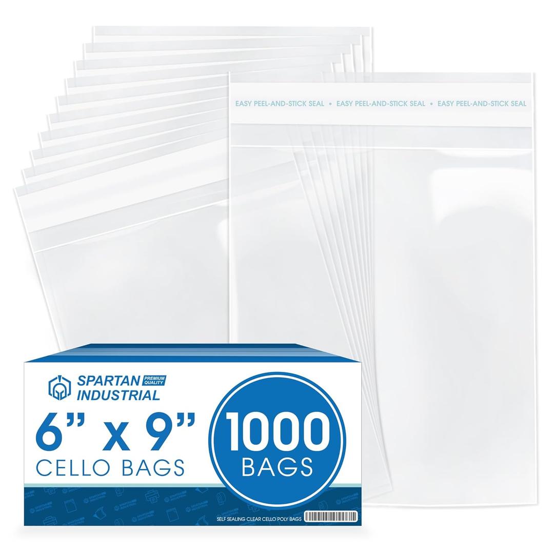 Spartan Industrial - 6" X 9" (1000 Count) Crystal Clear Resealable Cello Poly Bags for Packaging, T Shirts, and More - Self Seal & Reinforced