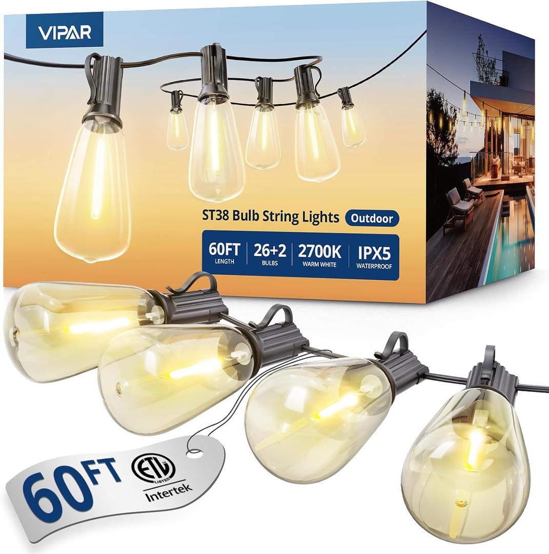 VIPAR Outdoor String Lights 60FT LED Patio Lights LED Waterproof with 26+2 Shatterproof ST38 Edison Bulbs, 2700K Connectable Outside Hanging Light for Porch, Garden, Backyard, Deck, Balcony, Decor