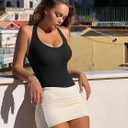 OQQ Women Halter Neck Bodysuit Sleeveles Shapewear One Piece Leotard Shirt Going Out Top (Small, Black)