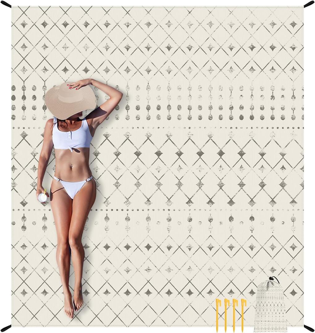 Beach Blanket Sandproof, Beach Mat Sand Free Waterproof, Large Picnic Blanket for 2-4 Adult, Lightweight Quick Drying & Durable Polyester Outdoor Blanket, Beach Essentials Must Have Accesorries (6.6x7.2 FT (14 Person), Moroccan Cream)