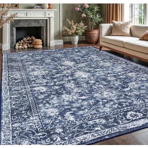 KILOCOCO Area Rug 9x12 Living Room Rug Washable Printed Vintage Floral Non Slip Soft Rubber Backed Indoor Bedroom Rugs for Laundry Room Kitchen Playroom Moroccan Area Rugs, Blue (Blue/Navy/White)