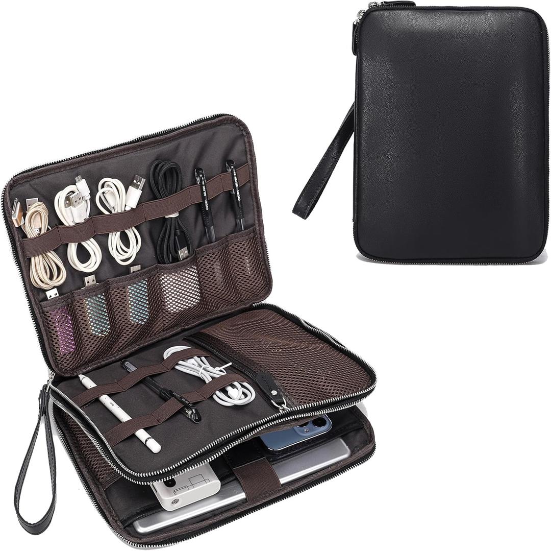 LANNSYNE Full Grain Leather Travel Cable Accessories Bag, Electronic Organizer Carry Case Double Layer Storage Case for Cables, Charger, Phone, Power Bank (Black)