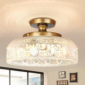 Lamomo Semi Flush Mount Ceiling Light, 3-Bulb Hallway Light Fixture, Antique Brass Gold Globe Glass Close to Ceiling Scone, Indoor Hanging Lantern for Bedroom Kitchen Porch Hallway, Bulbs Not Included