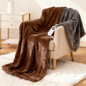 Eastsora Electric Heated Blanket Throw 50''x60'' Soft Dual-Sided Flannel, 12 Heat Settings, Smart Timer, ETL & FCC Certified, Machine Washable (Brown & Gray, Single(50"x60"))
