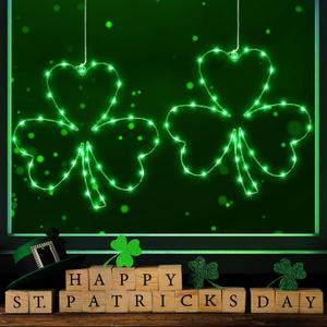 Lomotech Shamrocks Window Lights with Suction Cup, Battery Operated 12 Inch Lucky Clover Light with Timer Function for St Patrick's Day Decorations(2 Pack)